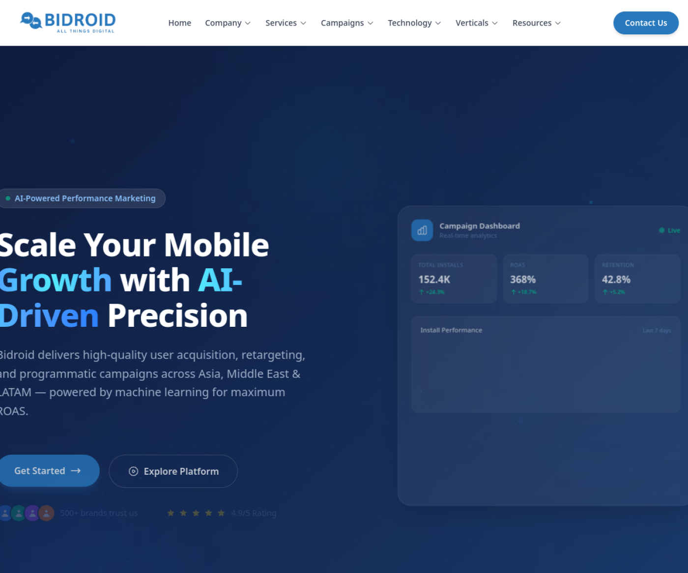 The Bidroid.io mobile advertising platform website