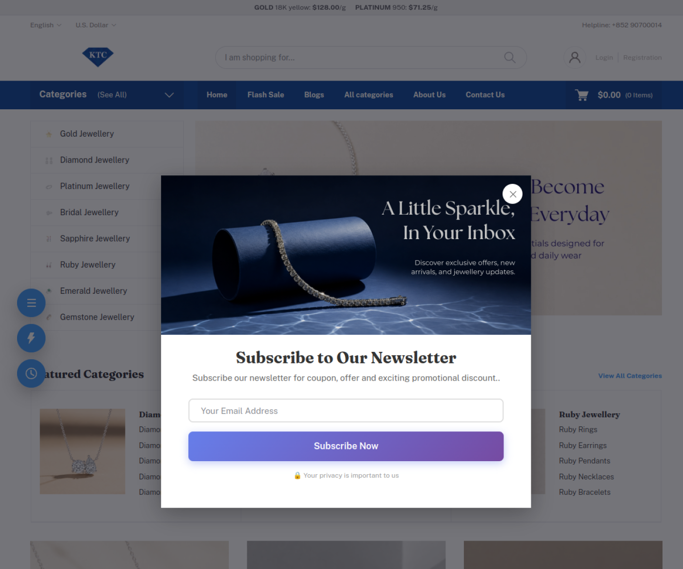The KTC Jewellery storefront homepage