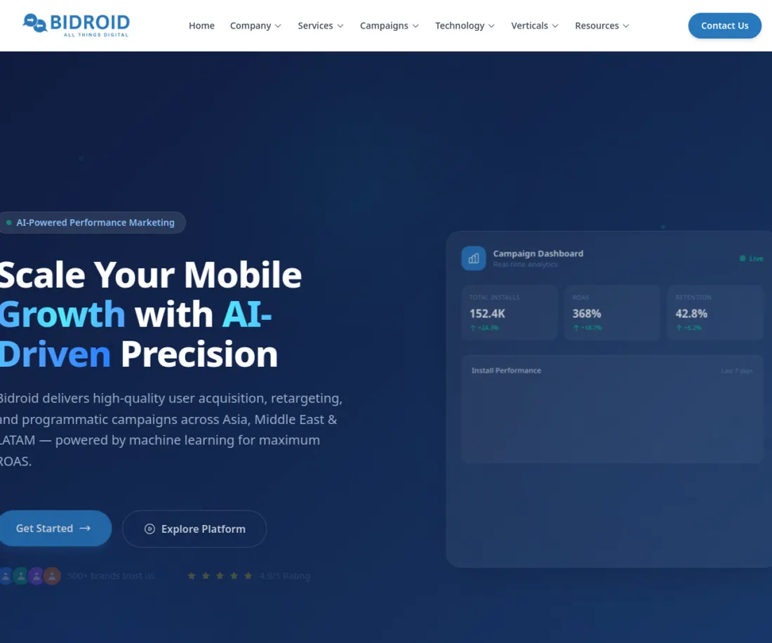The Bidroid.io mobile advertising platform website